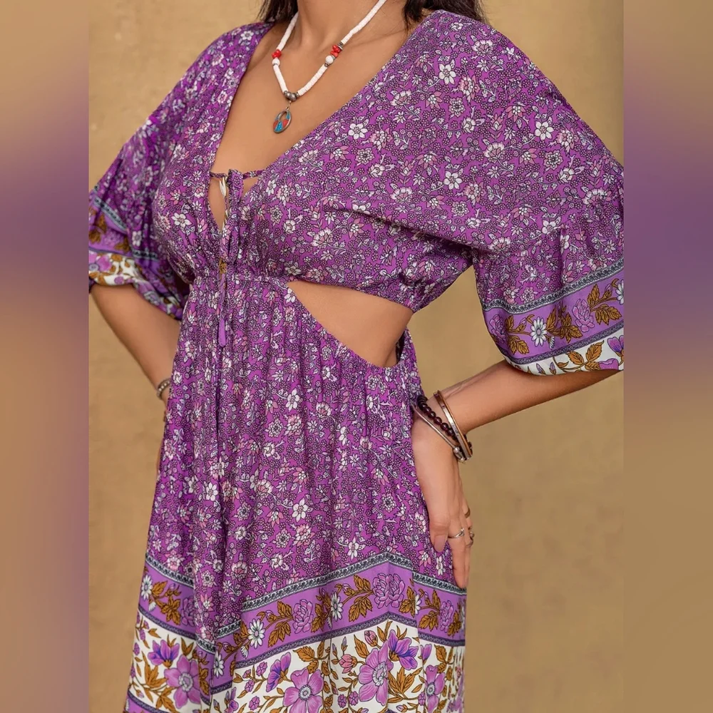 RusttyDustty Purple Floral Cutout Romper EUC - Picture 4 of 9